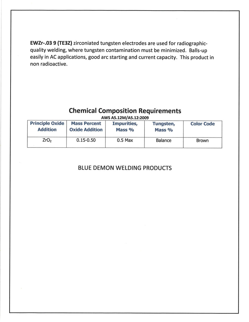 Blue Demon EWZR-0.3 x 5/32" x 7" x 10 Pack .03 Zirconiated Tungsten Electrodes 5/32" - NewNest Australia