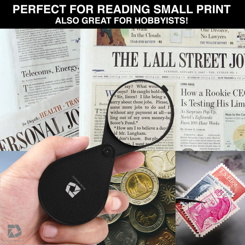 Deluxe Products Folding Pocket Magnifying Glass - Portable Compact Design for Travel, and 2.5" Glass Lens with 4X Magnification for Reading Small Print , and Hobbyists,Black,DP-7016 - NewNest Australia