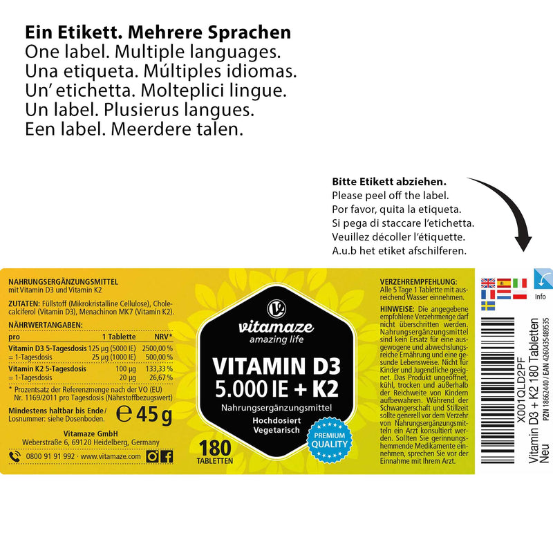 High-dose vitamin D3 K2, 180 tablets, 5000 IU vitamin D3 + 100 mcg vitamin K2 depot, without unnecessary additives, high bioavailability, made in Germany - NewNest Australia