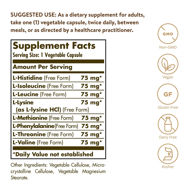 Solgar Essential Amino Complex, 90 Vegetable Capsules - Free Form Essential Amino Acids - Non-GMO, Vegan, Gluten Free, Dairy Free, Kosher - 90 Servings - NewNest Australia