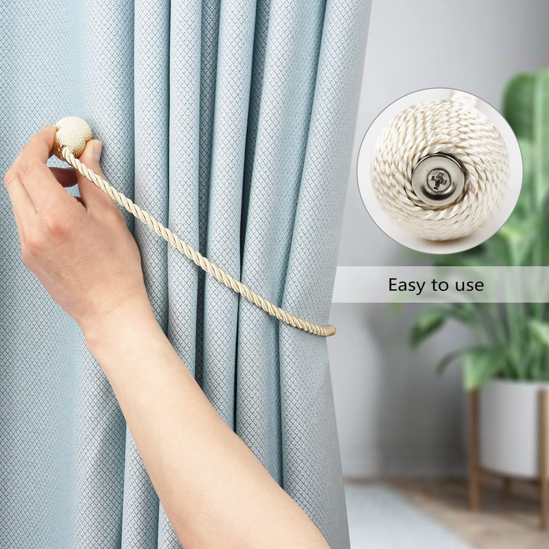 Hangtty Magnetic Curtain Tiebacks 2 Pack Rope Decorative Curtain Tie Backs Elegant Curtain Holders for Drapes Outdoor Window Treatment Holdbacks, Beige - NewNest Australia