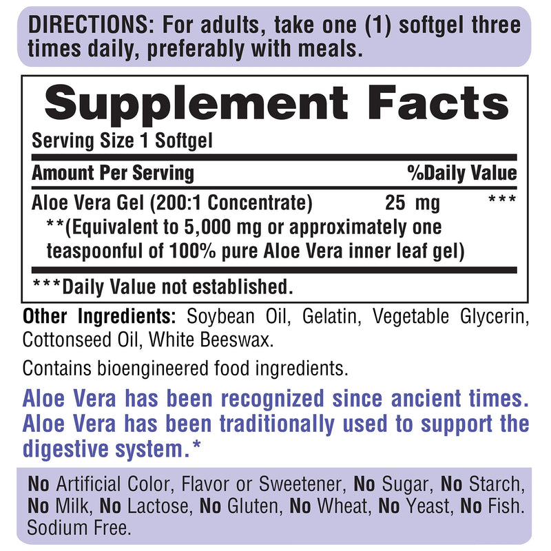 Puritans Pride Aloe Vera Extract 25mg (5000mg equivalent) Softgels, 200 Count (Packaging may vary) - NewNest Australia