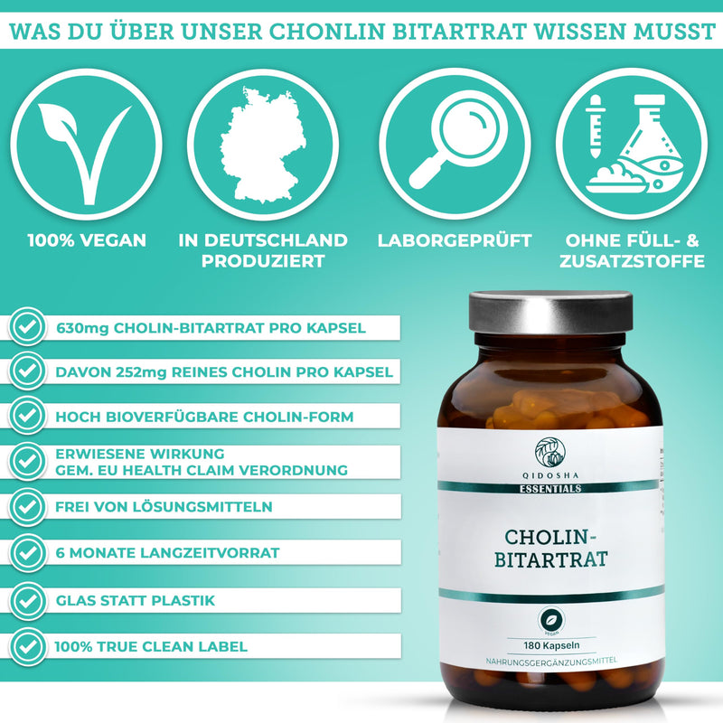 QIDOSHA® choline bitartrate capsules high dosage, 180 capsules in a pharmacist jar, full 630mg choline bitartrate per capsule, vegan, laboratory tested, German production - NewNest Australia