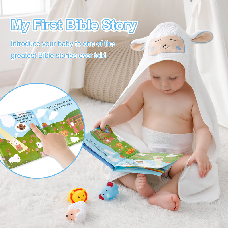 My First Noahs Ark 7 pcs Baptism Gift Set, Dedication, Christening and Baptism Gifts for Boys and Newborn Baby, Includes Bamboo Washcloth and Hooded Towel, Baby Bath Book, 3 Bath Toys and Gift Bag Blue - NewNest Australia