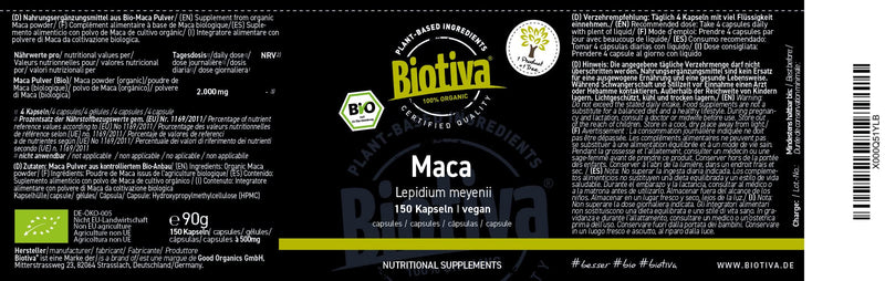 Biotiva Maca Organic - 150 Capsules with 500 mg Each - Lepidium Meyenii - Maca Powder - No Additives - Bottled and Controlled in Germany (DE-ÖKO-005) - Vegan - Direct from the Manufacturer - NewNest Australia