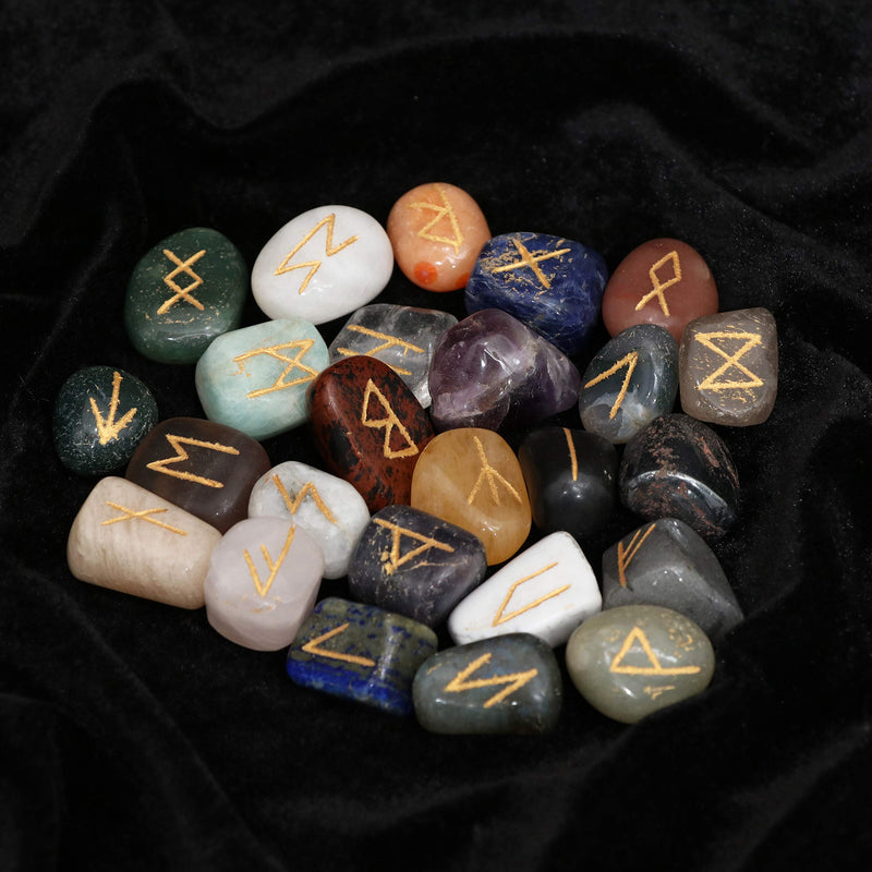 Crocon Mix chakra Rune tumble shape gemstone rune with Elder Futhark Alphabet Engraved | 25 pcs runes set | Crystal Divination Healing Chakra Reiki | with a pouch| Size : 25-30 mm - NewNest Australia