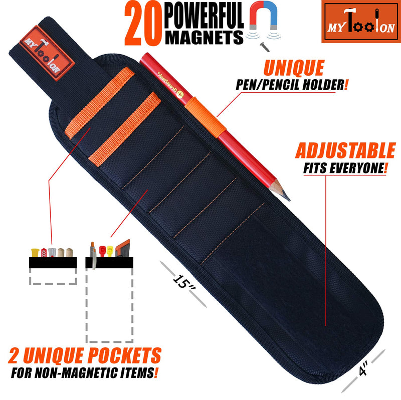 MyToolOn Magnetic Wristband with 20 Strong Magnets for Holding Screws, Nails, Drill Bits Best Unique Tool Gift for Men, Father Dad, DIY Handyman, Husband, Boyfriend, Him, Women 2 pack orange+black - NewNest Australia