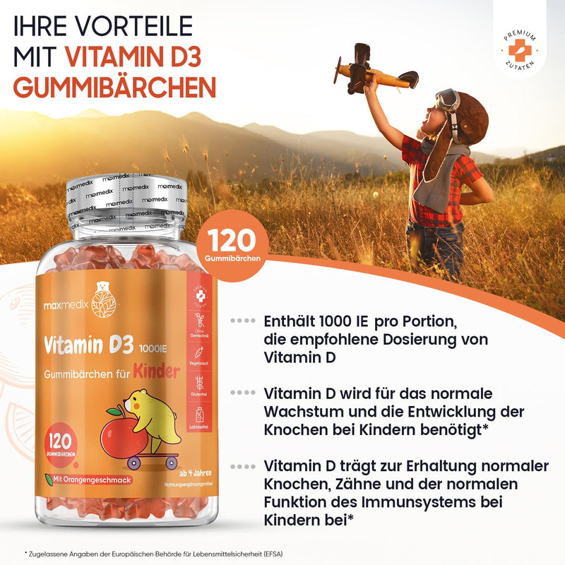 Vitamin D3 children's gummy bears 1000 IU - alternative to tablets & drops - 8 month supply - bones, teeth & immune system (EFSA) - 120 star-shaped pieces - 1 gummy every 2 days - orange flavor - NewNest Australia