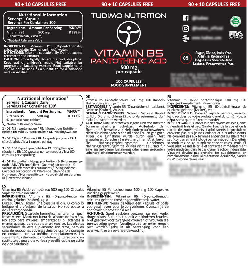 Vitamin B5 capsules, high dosage 500 mg pantothenic acid - 100 pieces (3+ month supply) each with 500 mg of high-quality Vit B5 pantothenic acid powder - NewNest Australia