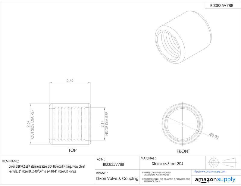 Dixon 32PFX2.687 Stainless Steel 304 Holedall Fitting, Flow Chief Ferrule, 2" Hose ID, 2-40/64" to 2-43/64" Hose OD Range - NewNest Australia
