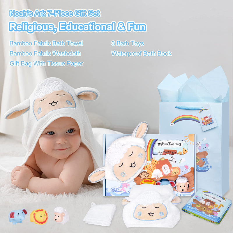 My First Noahs Ark 7 pcs Baptism Gift Set, Dedication, Christening and Baptism Gifts for Boys and Newborn Baby, Includes Bamboo Washcloth and Hooded Towel, Baby Bath Book, 3 Bath Toys and Gift Bag Blue - NewNest Australia