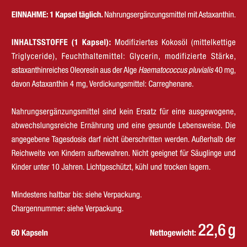 Astaxanthin capsules - Pure astaxanthin - Natural astaxanthin from algae - 60 capsules 4 mg each - Strong antioxidant - NewNest Australia