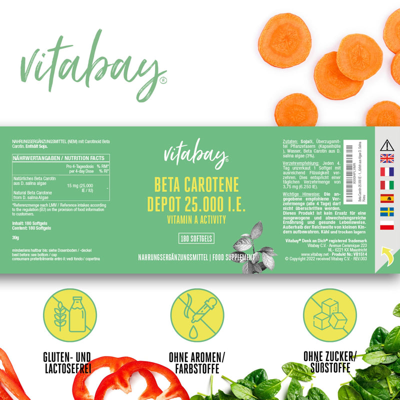 Vitabay Beta Carotene Depot tanning capsules - 360 VEGAN SOFTGELS (set of 2) with 25,000 IU - precursor of vitamin A, high-dose tanning capsules, carrot juice, carotene, 180 pieces (pack of 2) - NewNest Australia