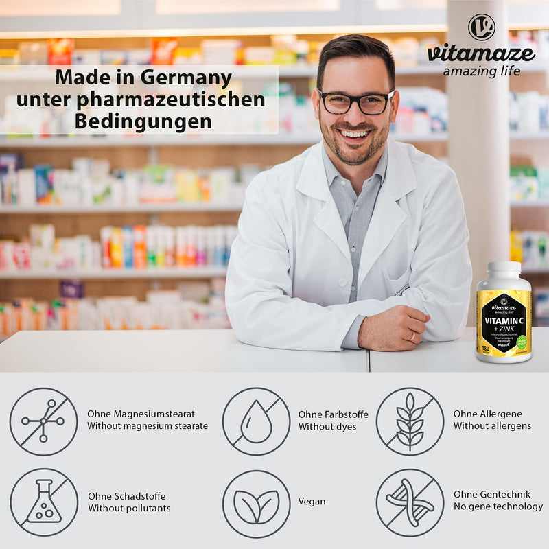 High-dose vitamin C 1000 mg + zinc, vegan & optimally bioavailable, 180 tablets for 6 months, natural dietary supplement without unnecessary additives, made in Germany - NewNest Australia