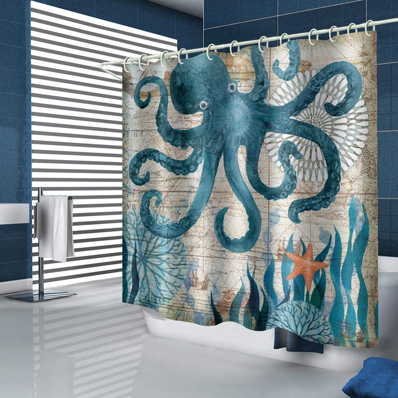 Muuyi Octopus Shower Curtain Kraken Shower Curtain - Funny Shower Curtains for Bathroom - Octopus with Ship Sail Old Boat in Ocean Waves, Cloth Fabric Bathroom Decor Set with Hooks, 72 x 72 Inches - NewNest Australia