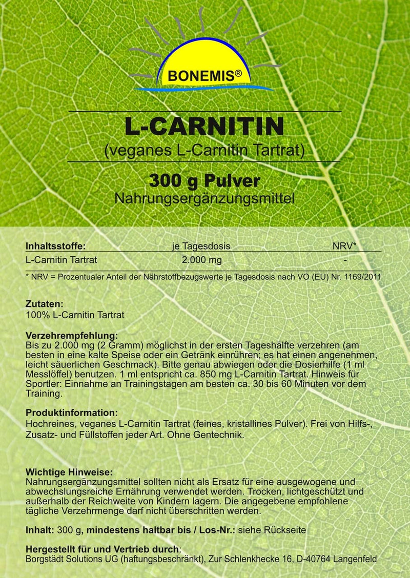 L-Carnitine Tartrate, vegan, 300 g in a bag, premium quality without additives, Bonemis® - NewNest Australia