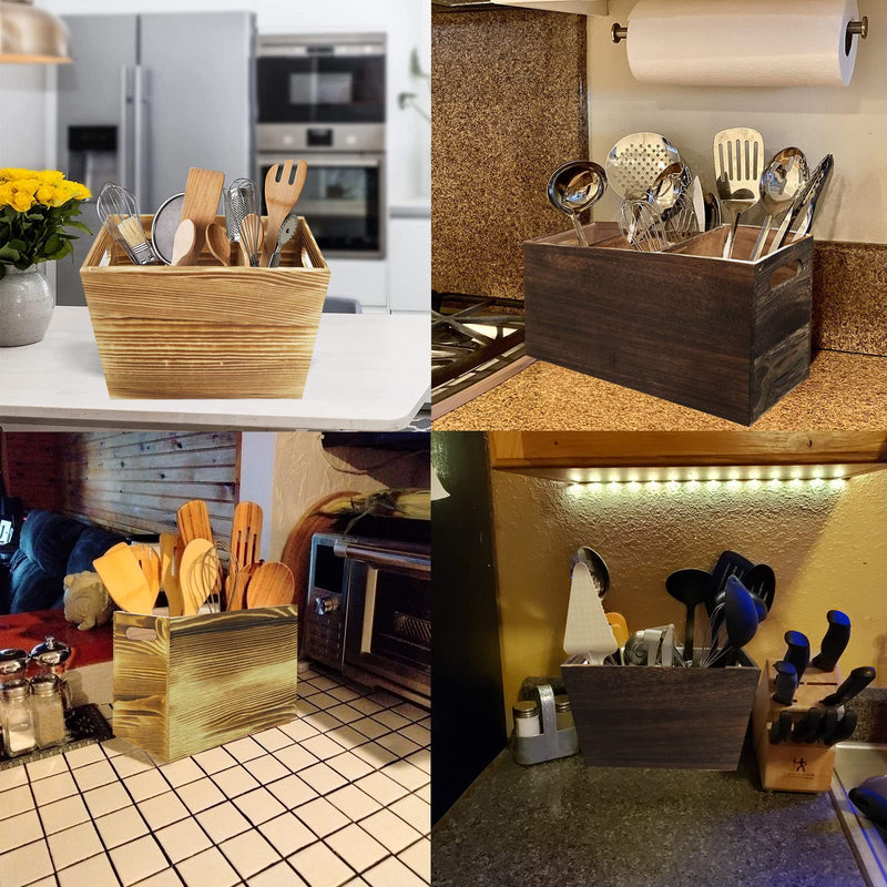 Wooden Utensil Holder Bamboo Organiser Kitchen Utensils Cutlery Holder with 2 Compartments, Wood Cutlery Caddy Holders, Cooking Tools Set Storage Pots (Natural with 2 Compartments) Natural With 2 Compartments - NewNest Australia