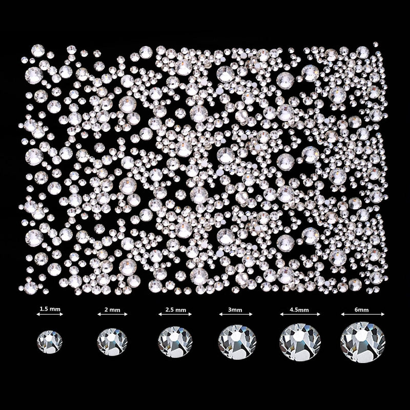 2000 Pieces Flat Back Gems Round Crystal Rhinestones 6 Sizes (1.5-6 mm) with Pick Up Tweezer and Rhinestones Picking Pen for Crafts Nail Face Art Clothes Shoes Bags DIY (Clear) Clear - NewNest Australia