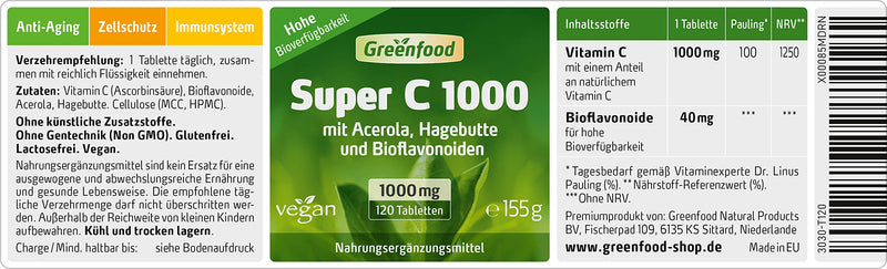 Super C, 1000 mg vitamin C, high dose, 360 tablets - with acerola, rose hip and bioflavonoids. For a very strong immune system. Protects cells. WITHOUT artificial additives. Without genetic technology. Vegan. 360 pieces (pack of 1) - NewNest Australia