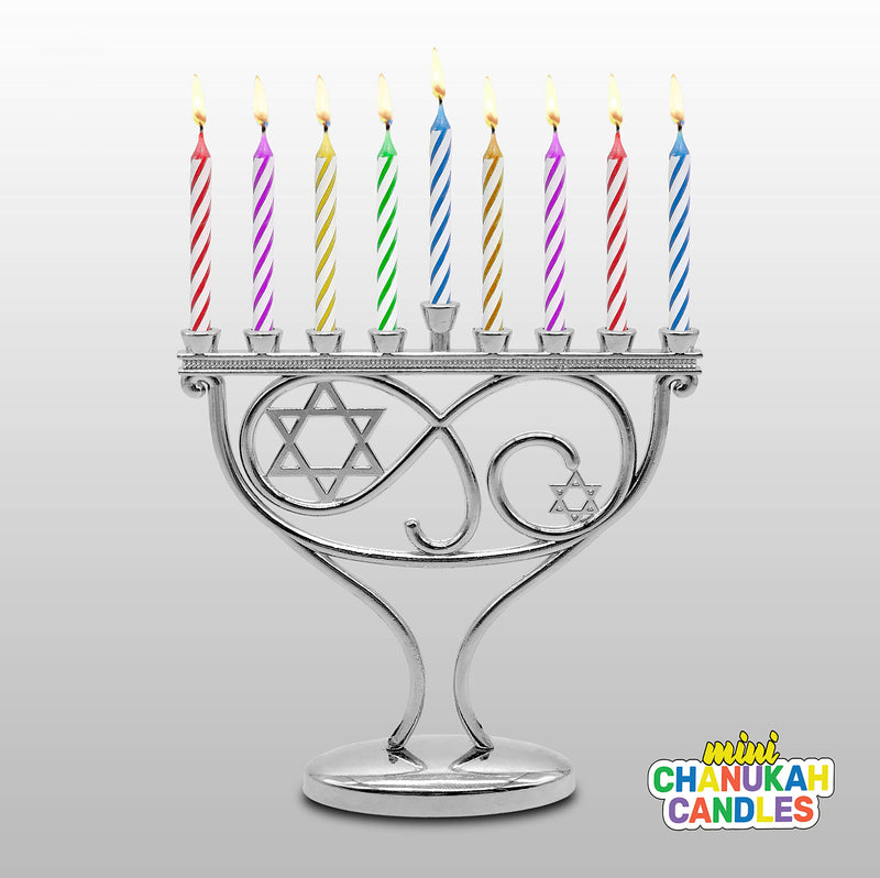 NewNest Australia - Ner Mitzvah Mini Menorah Set - Menorah, 44 Mini Candles, 3 Dreidels, Play Coins 