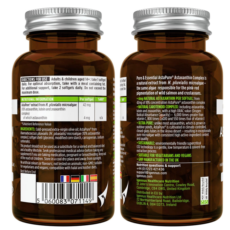 Astaxanthin complex, vegan & natural antioxidants from 42mg AstaPure, with 4mg astaxanthin + lutein and zeaxanthin, 90 soft capsules, from Igennus - NewNest Australia