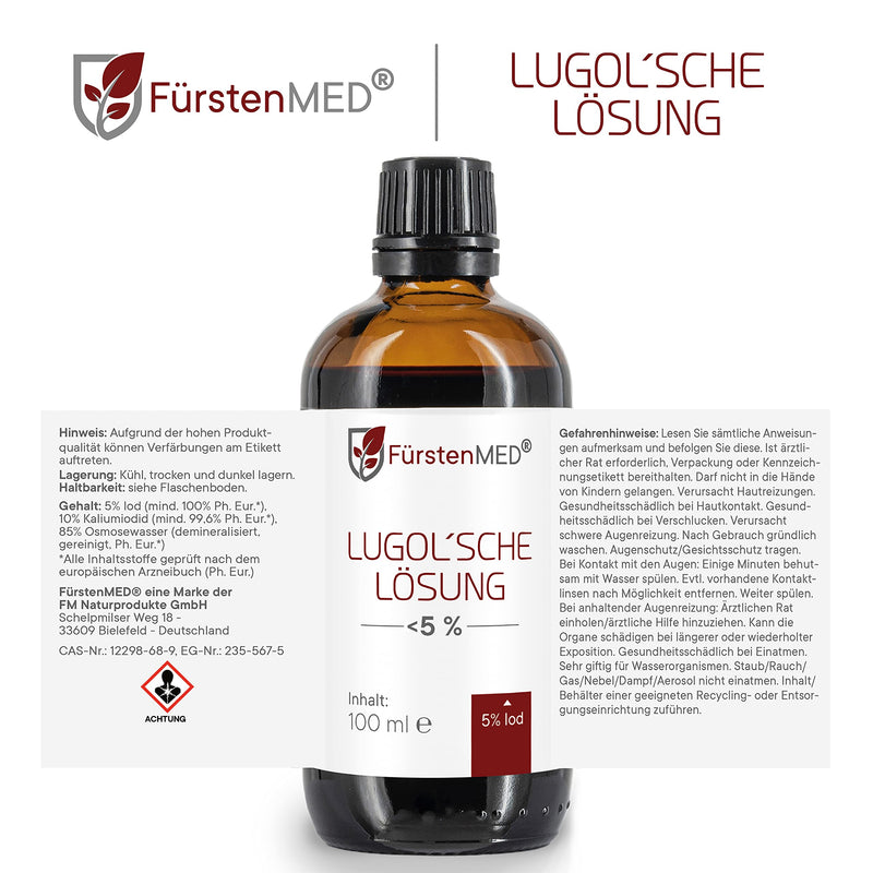 FürstenMED® Lugol's solution 5% iodine solution - 100 ml (Iodine) iodine drops brown glass bottle with dropper pipette - Lugol's solution 5 percent - iodine liquid - without additives - NewNest Australia