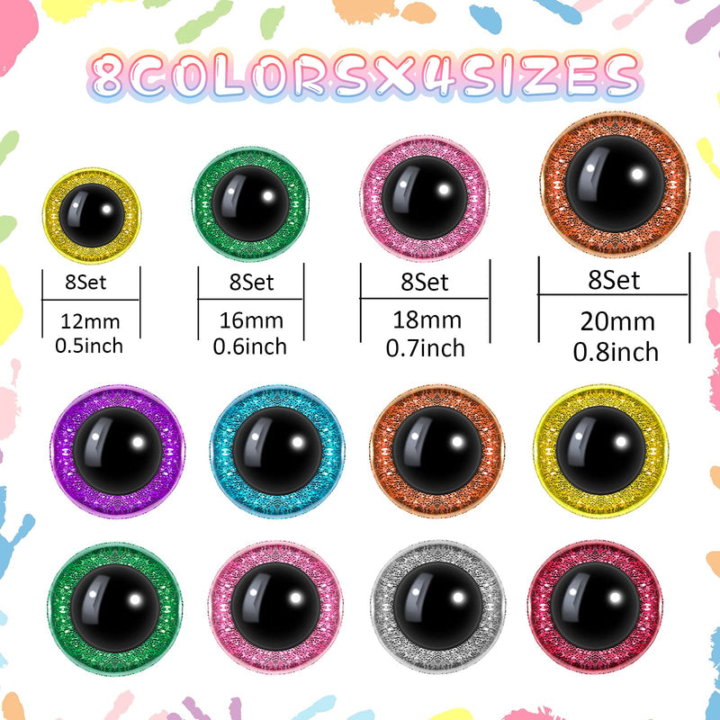 64 Pieces Glitter Plastic Safety Eyes 12 mm 16 mm 18 mm 20 mm Colorful Round Craft Doll Eyes with Washers Half Round Doll Teddy Bear Toy Eyes for Plush Animal and DIY Craft Making, 8 Colors - NewNest Australia