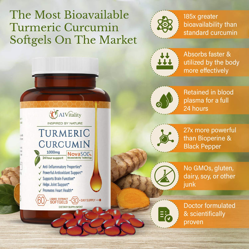 A1 Vitality Turmeric Curcumin NovaSOL Supplements 1000mg More Potent Than Bioperine - Inflammation, Joint Pain Relief - 185x Bioavailable Than Turmeric Black Pepper Capsules – Best Natural Softgels - NewNest Australia