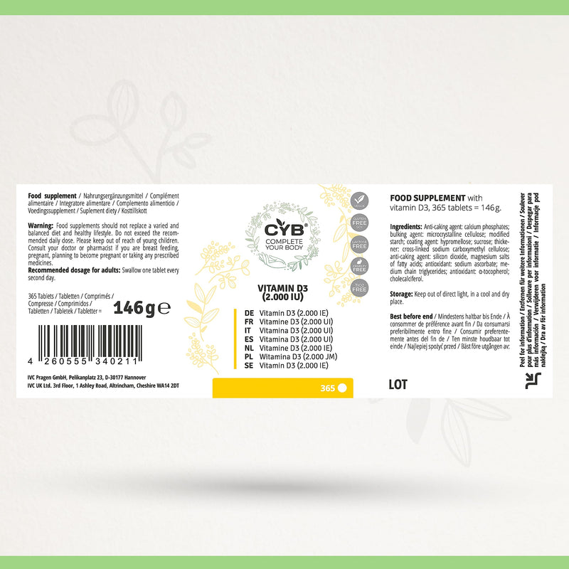 CYB vitamin D3 2000 IU, 50 μg D3, vegetarian, 1 x 365 tablets - NewNest Australia