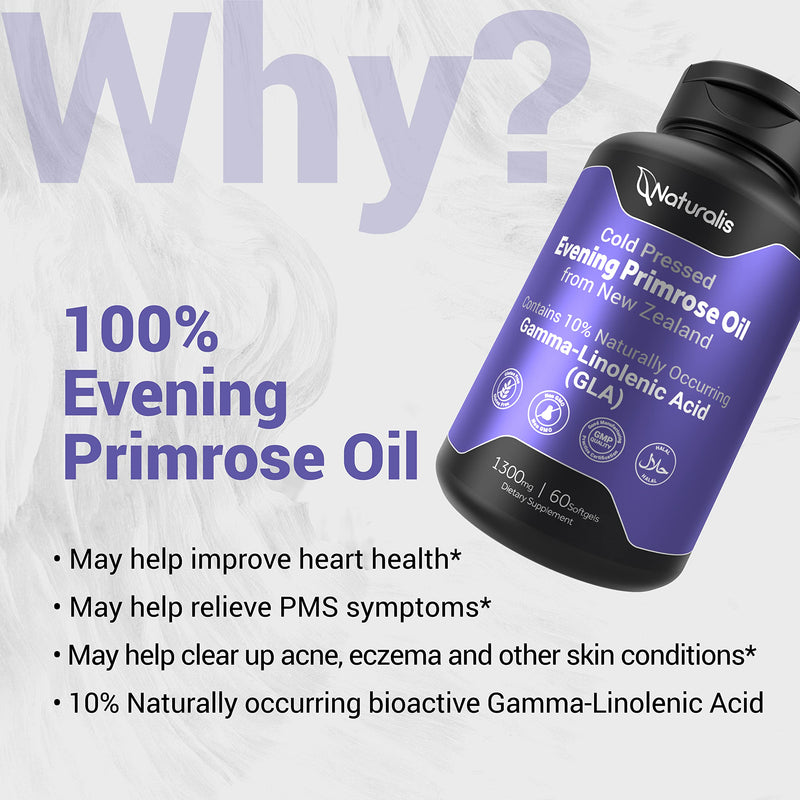 Naturalis Evening Primrose Oil (1300mg) | 100% Natural from New Zealand | Non-GMO, Soy & Gluten Free, Zero Filler | 60 Softgels 60 Count (Pack of 1) - NewNest Australia