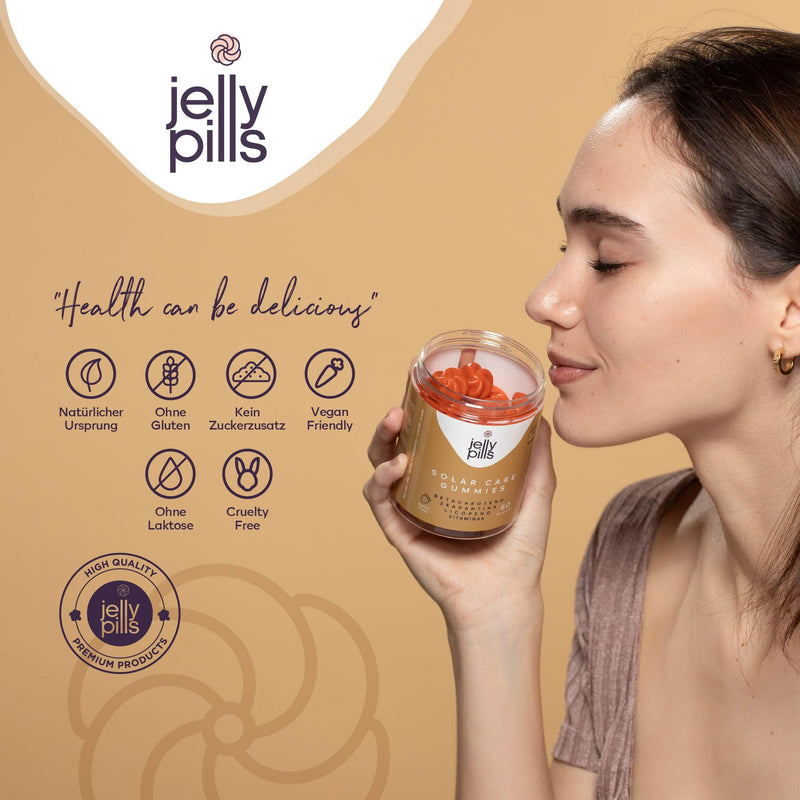 Jelly Pills® Beta Carotene Tanning Sommies with Lycopene, Copper and Vitamins A, C and E - No Added Sugar - 60 Vegan Tanning Booster Gummy Bears with Strawberry Flavor - NewNest Australia