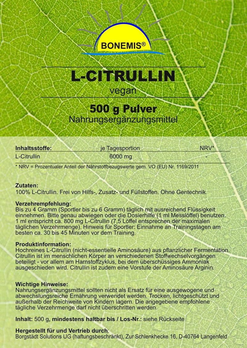 Bonemis® L-citrulline (amino acid), vegan, highly pure (without malate), 500 g in a bag, premium quality without additives - NewNest Australia