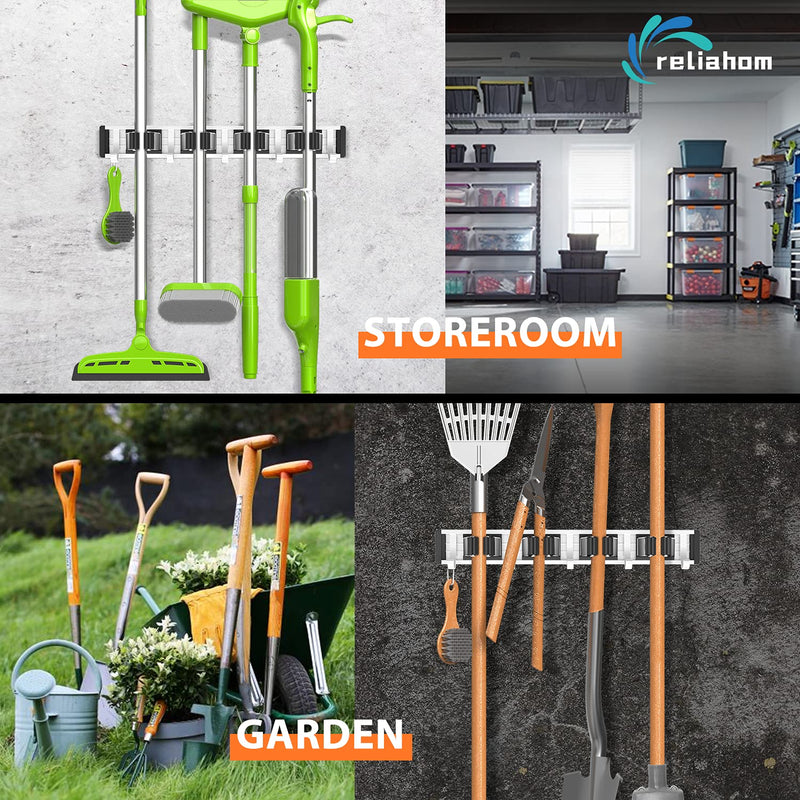 reliahom Broom Holder Mop Hanger Wall Mount Metal Organization Garage Storage System Garden Kitchen Tool Organizer (4 Racks with 5 Hooks, Black) 4 Racks 5 Hooks Black - NewNest Australia