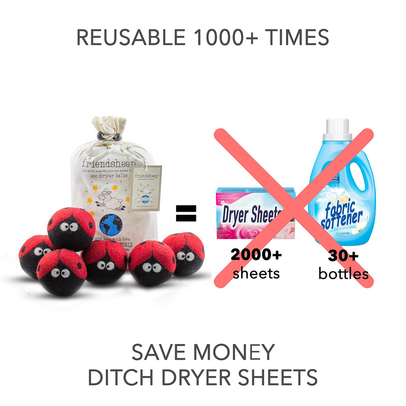 Friendsheep Wool Dryer Balls 6 Pack XL Organic Premium Reusable Cruelty Free Handmade Fair Trade No Lint Fabric Softener Ladybugs - Laundrybugs - NewNest Australia