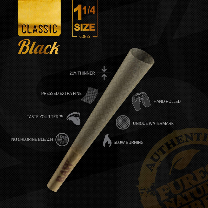 RAW Cones Classic Black 1-1/4 Size | 50 Pack | Natural Pre Rolled Rolling Paper Pressed Extra Fine for Thin, Slow Burning, Naturally Translucent Paper with Tips & Packing Sticks Included 50 Count (Pack of 1) - NewNest Australia