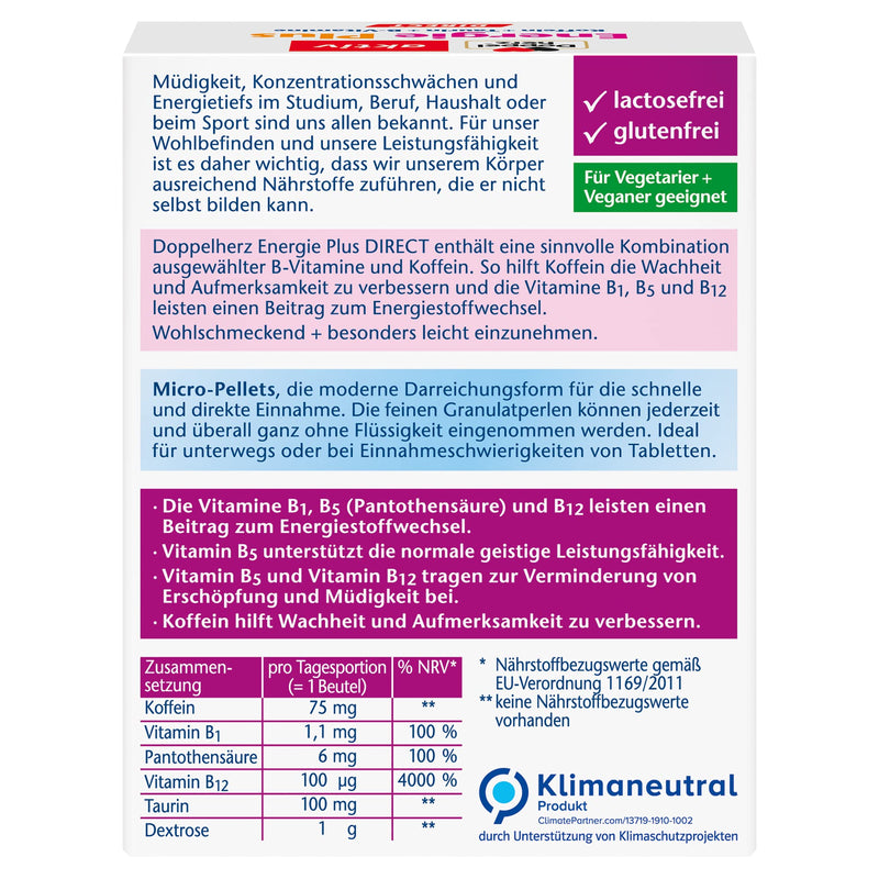 Doppelherz Energy Plus Caffeine + Taurine + B Vitamins DIRECT - With vitamin B1, B5 (pantothenic acid) and B12 as a contribution to energy metabolism - 20 sachets - NewNest Australia