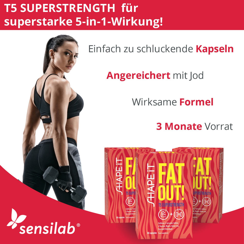 Sensilab Fat Out! T5 Superstrength - Taurine - Caffeine And Green Tea Extract - Powerful Fat Burner For Men And Women - Enriched With Iron, Iodine, Chrome And Vitamin B3-5-In-1 Effect - 180 Capsules - NewNest Australia