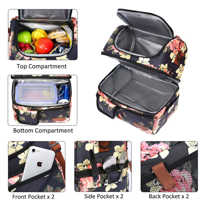 NewNest Australia - LOKASS Lunch Bags for Women Double Deck Insulated Lunch Box Large Cooler Tote Bag with Removable Shoulder Strap Wide Open Thermal Meal Prep Lunch Organizer Box for Adults/Work/Outdoor, Black Peony 