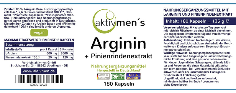 Aktivmen'S Arginine Plus Pine Bark Extract, High Dose, 180 Capsules, For Strong And Active Men, L-Arginine Base + Pinaster Extract, 1 Tin (1 X 135 G), 100.00% Vegan + Tested By Experts - NewNest Australia