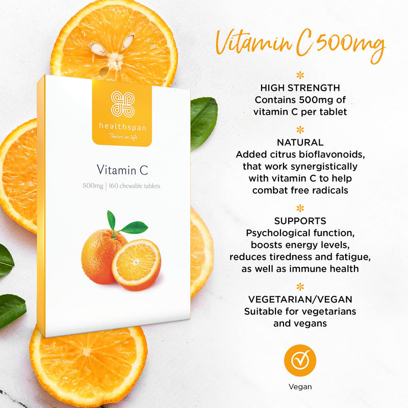 Healthspan Vitamin C 500mg (160 Chewable Tablets) | Supports Immune & Nervous Systems | Boosts Energy Levels & Psychological Function | Added Natural Citrus Bioflavonoids | Free of Aspartame | Vegan - NewNest Australia