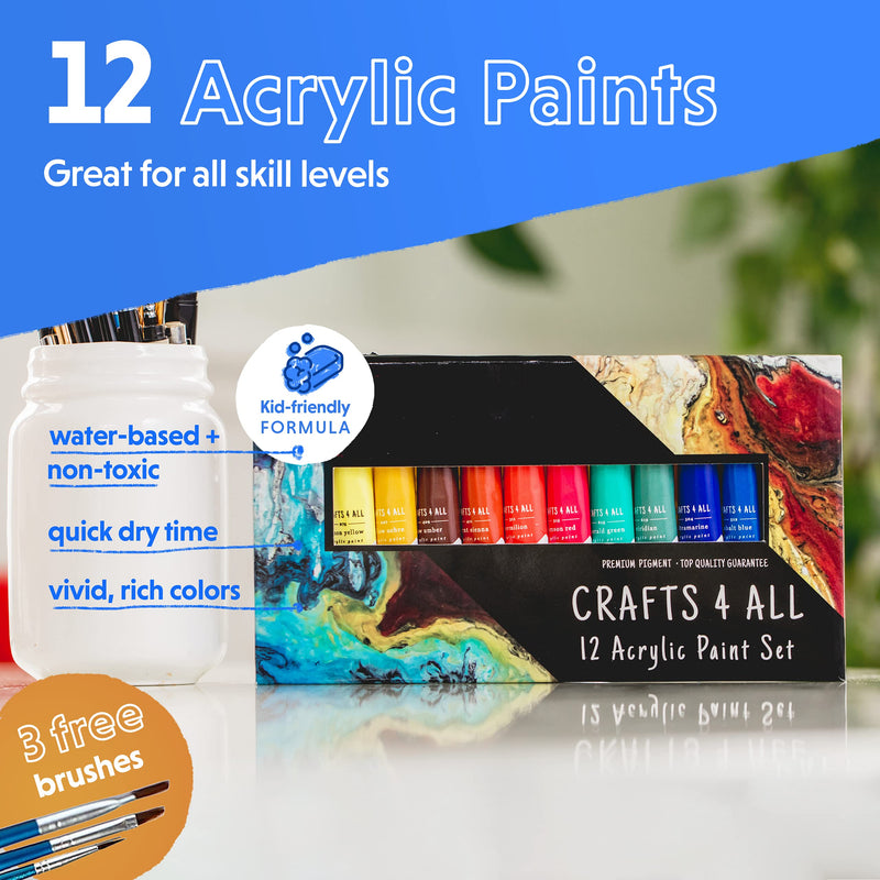 Crafts 4 All Acrylic Paint Set - Art Paints for Canvas, Model Painting, Wood, Ceramics and Fabric - Craft Supplies with 3 Artist Brushes for Adults & Kids﻿, 12 Pack, 12mL 0.4 Fl Oz (Pack of 12) - NewNest Australia