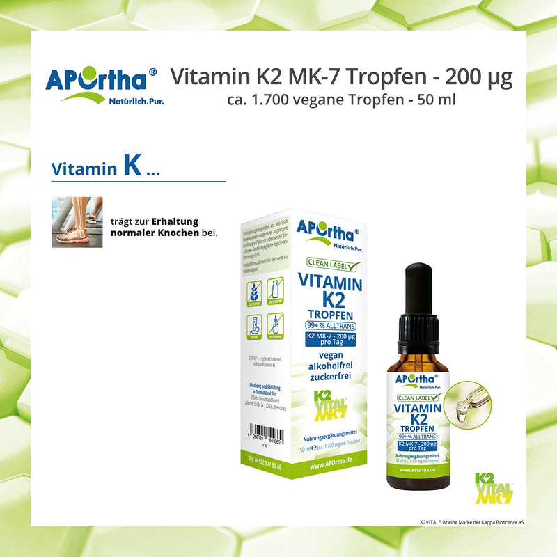 APOrtha® Vitamin K2 MK-7 drops (K2VITAL®) 50 ml, 200 µg per daily dose of 10 drops, approx. 1,700 vegan K2 drops 99+% ALL-Trans, high dosage, allergen-free, alcohol-free, sugar-free, gluten-free - NewNest Australia