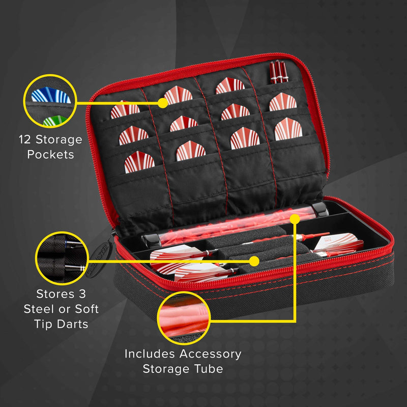 Casemaster Plazma Dart Case for Soft and Steel Tip Darts, Holds 3 Darts and Features Built-In Storage Tube and Pockets for Flights, Tips, Shafts, and Personal Items Ruby Trim - NewNest Australia