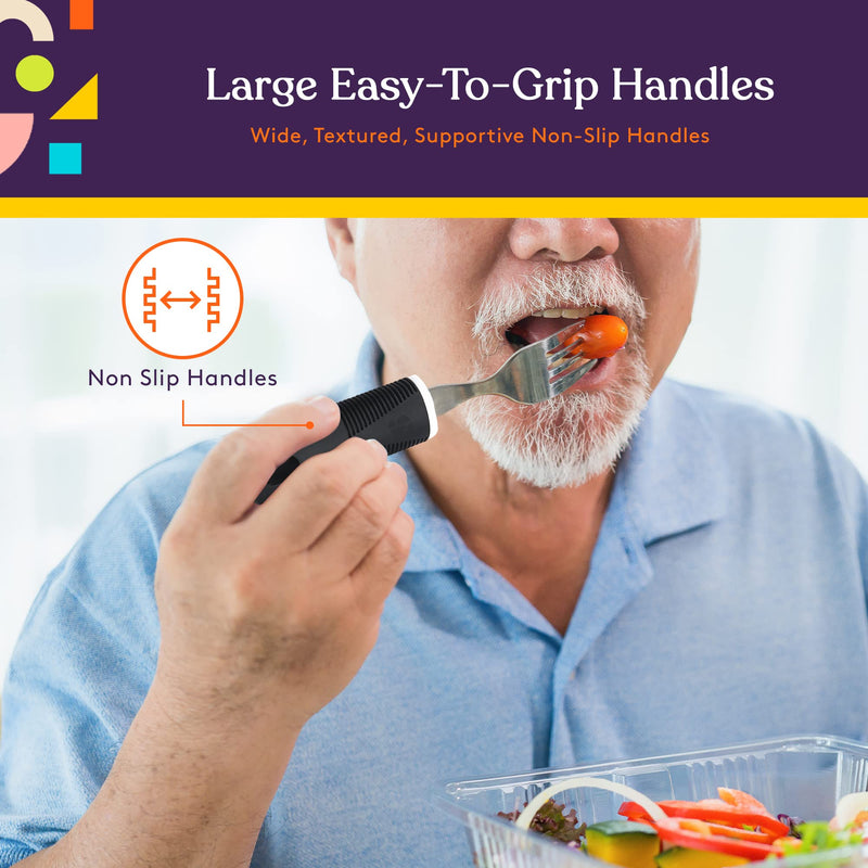 Special Supplies Adaptive Utensils (5-Piece Kitchen Set) Wide, Non-Weighted, Non-Slip Handles for Hand Tremors, Arthritis, Parkinson’s or Elderly use - Stainless Steel Knives, Fork, Spoons - Black - NewNest Australia