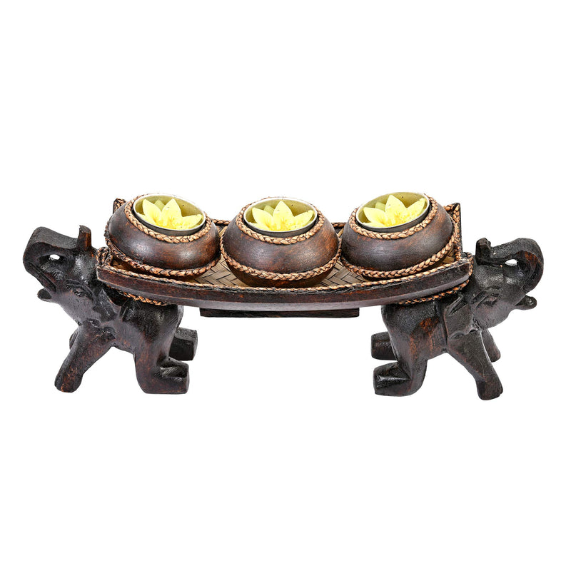 NewNest Australia - Happy Twin Elephants Carrying Three Vases Rain Tree Wood Candle Holder 