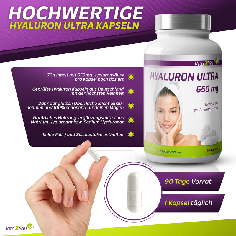 Hyaluronic Acid Ultra 650 Mg - 90 Vegan Capsules - Vegetable Fermentation - 500-700 Kda - High Dose - 3 Month Pack - No Additives - Hyaluronic - Premium Quality - NewNest Australia