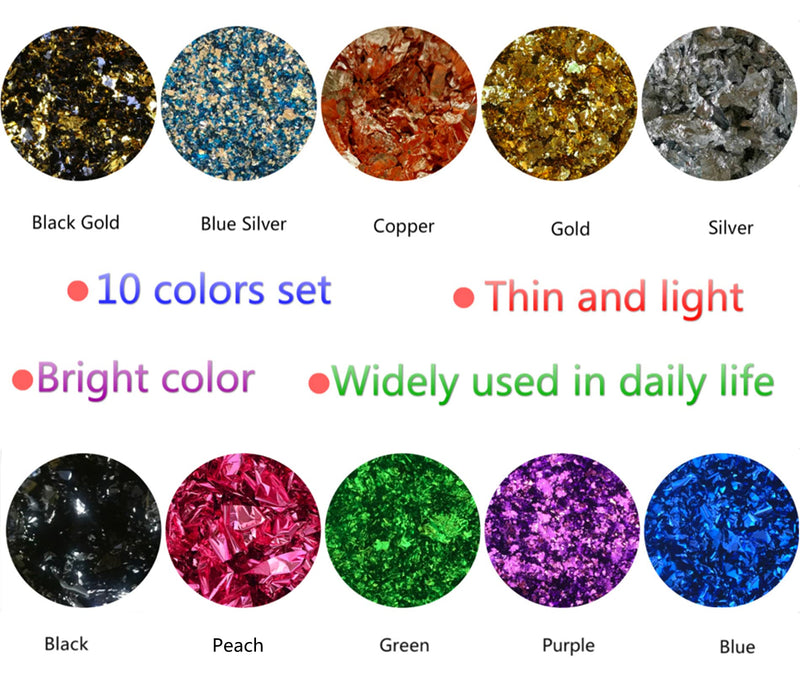 Gold Foil Flakes for Resin, Yibeishu10 Colors Metallic Foil Flakes,Gilding Flakes for Nails, Crafts (Gold, Silver, Copper, Black, Green, Blue, Blue Silver, Black Gold, Purple, Peach) 10 Color - NewNest Australia