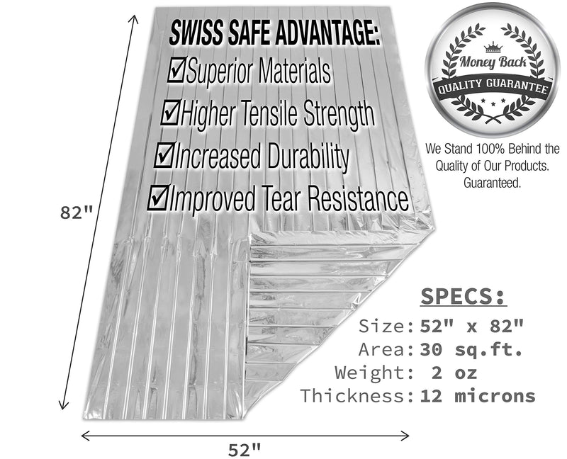 Swiss Safe Emergency Mylar Thermal Blankets + Bonus Gold Foil Space Blanket. Designed for NASA, Outdoors, Survival, First Aid, Silver, 4 Pack - NewNest Australia