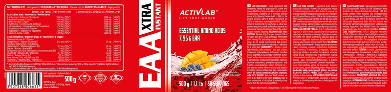 Activlab Eaa Xtra Instant | 500G | All 8 Essential Exogenous Amino Acids With B Vitamins | 50 Servings | Workout Drink - Mango Blackberry | Optimal Value, Made In Poland | Measuring Cup | Vegan - NewNest Australia