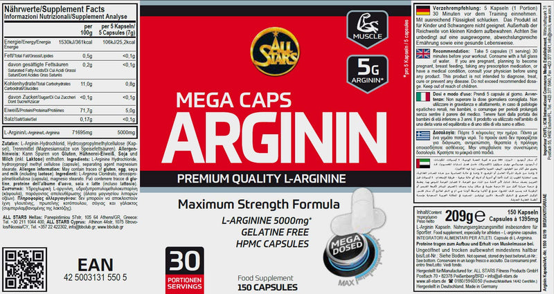 All Stars Arginine Mega Caps - Capsules 1395 mg each, 150 capsules, pack of 1 (1 x 209 g) - NewNest Australia